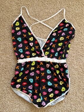 Roma Black Romper with Multicolor Candy Heart and Lip Print
